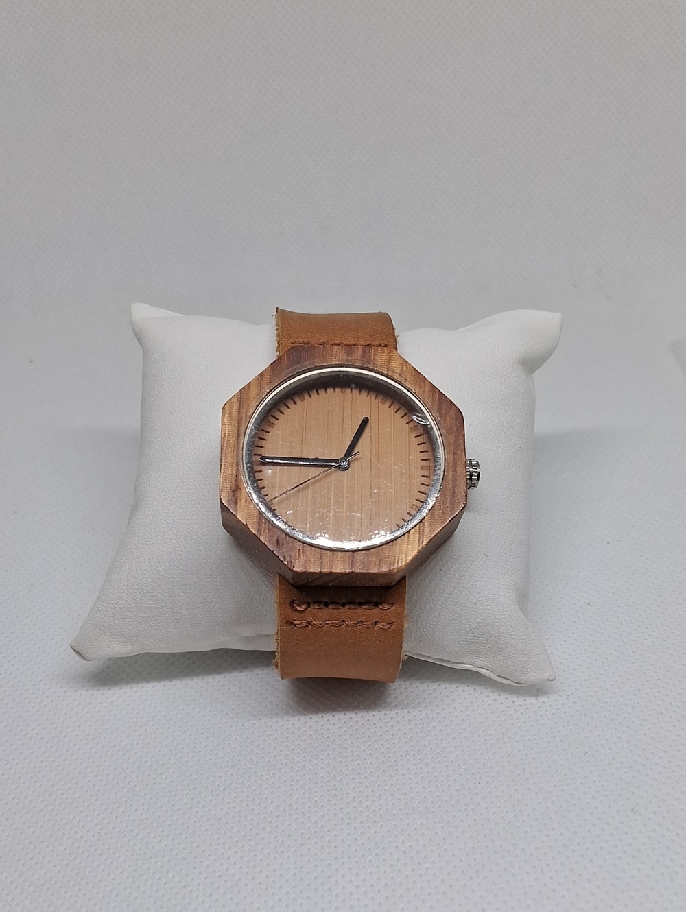 Hexagonal Wooden Watch with Tan Leather Strap